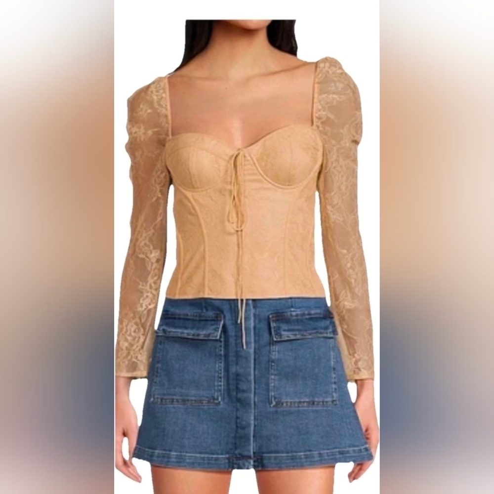 FLASH SALE- NWT- Chelsea & Violet Lace Sleeve Corset Top in Tan